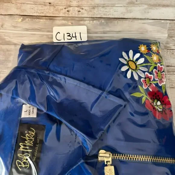 BOB MACKIE Jacket Large Artsy Embroidered Floral Full Zip Pocket Lightweight - Picture 11 of 11